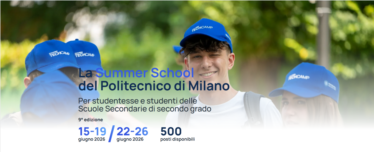 locandina Techcamp 2026: 15 - 26 giugno. Sullo sfondo dei ragazzi con il cappellino TechCamp