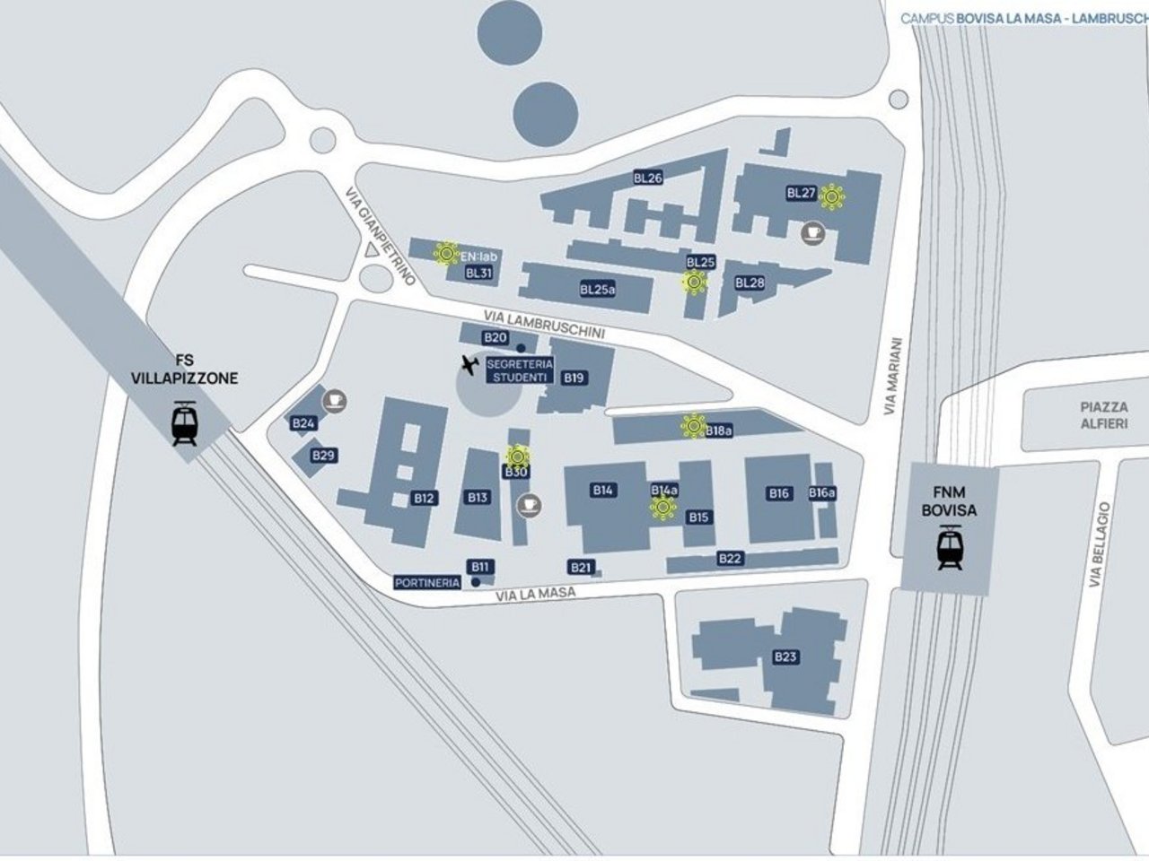 Mappa degli edifici dotati di pannelli fotovoltaici - Campus Bovisa