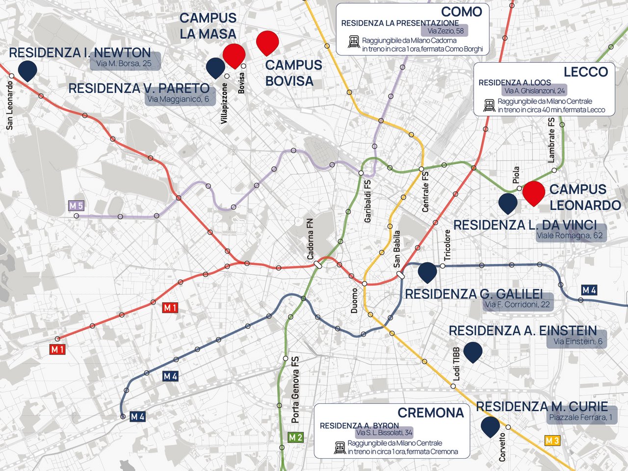 Mappa delle sedi delle Residenze del Politecnico di Milano